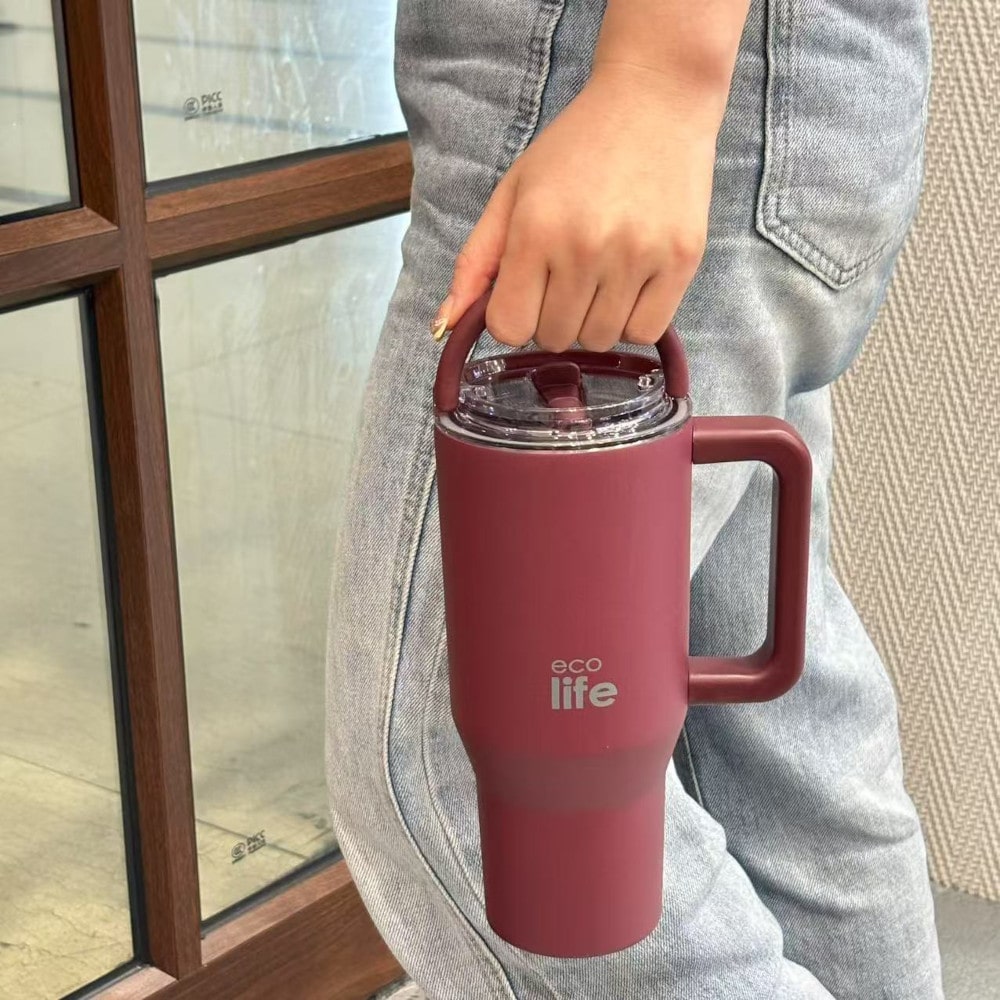 EcoLife Ανοξείδωτο Ποτήρι Θερμός με Καλαμάκι 2Handles Lid Tumbler 900ml Granberry