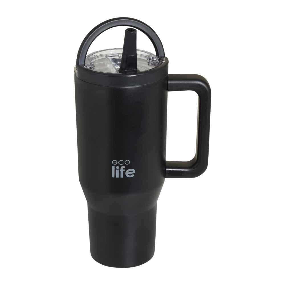 EcoLife Ανοξείδωτο Ποτήρι Θερμός με Καλαμάκι 2Handles Lid Tumbler 900ml Rich Black