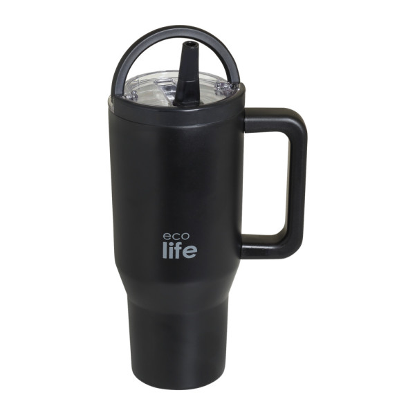 EcoLife Ανοξείδωτο Ποτήρι Θερμός με Καλαμάκι 2Handles Lid Tumbler 900ml Rich Black