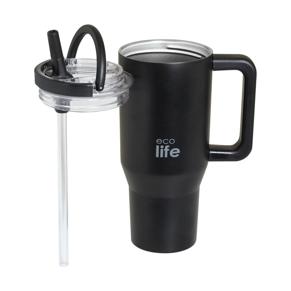 EcoLife Ανοξείδωτο Ποτήρι Θερμός με Καλαμάκι 2Handles Lid Tumbler 900ml Rich Black