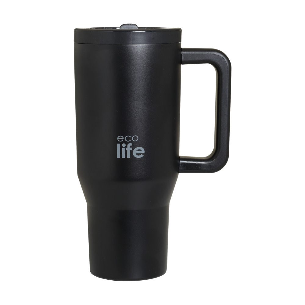 EcoLife Ανοξείδωτο Ποτήρι Θερμός με Καλαμάκι 2Handles Lid Tumbler 900ml Rich Black