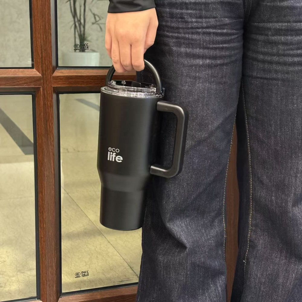 EcoLife Ανοξείδωτο Ποτήρι Θερμός με Καλαμάκι 2Handles Lid Tumbler 900ml Rich Black