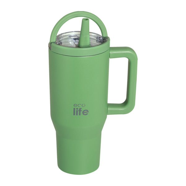 EcoLife Ανοξείδωτο Ποτήρι Θερμός με Καλαμάκι 2Handles Lid Tumbler 900ml Green Tea