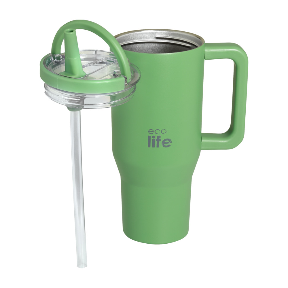 EcoLife Ανοξείδωτο Ποτήρι Θερμός με Καλαμάκι 2Handles Lid Tumbler 900ml Green Tea