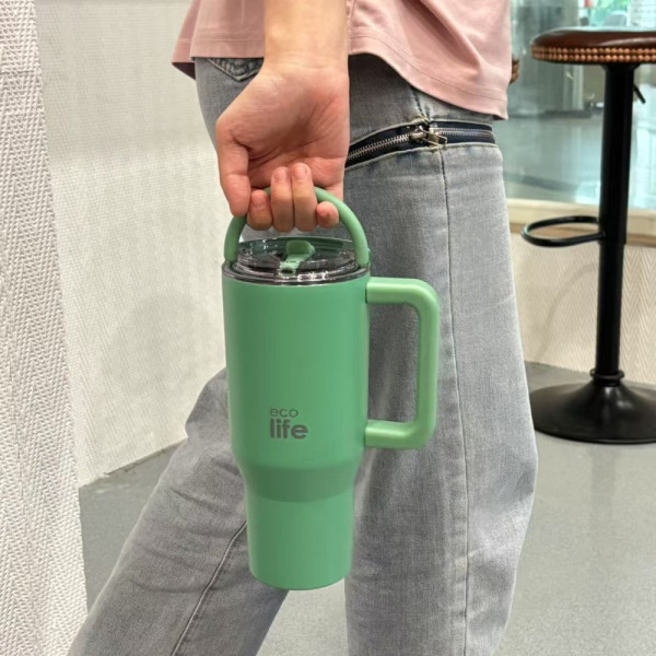 EcoLife Ανοξείδωτο Ποτήρι Θερμός με Καλαμάκι 2Handles Lid Tumbler 900ml Green Tea