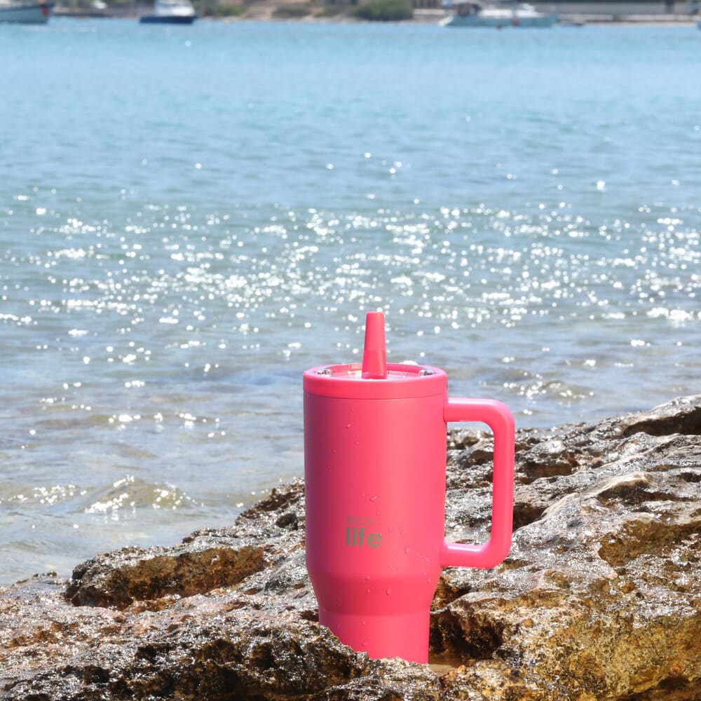 EcoLife Ανοξείδωτο Ποτήρι Θερμός με Καλαμάκι 2Handles Lid Tumbler 900ml Neon Magenta