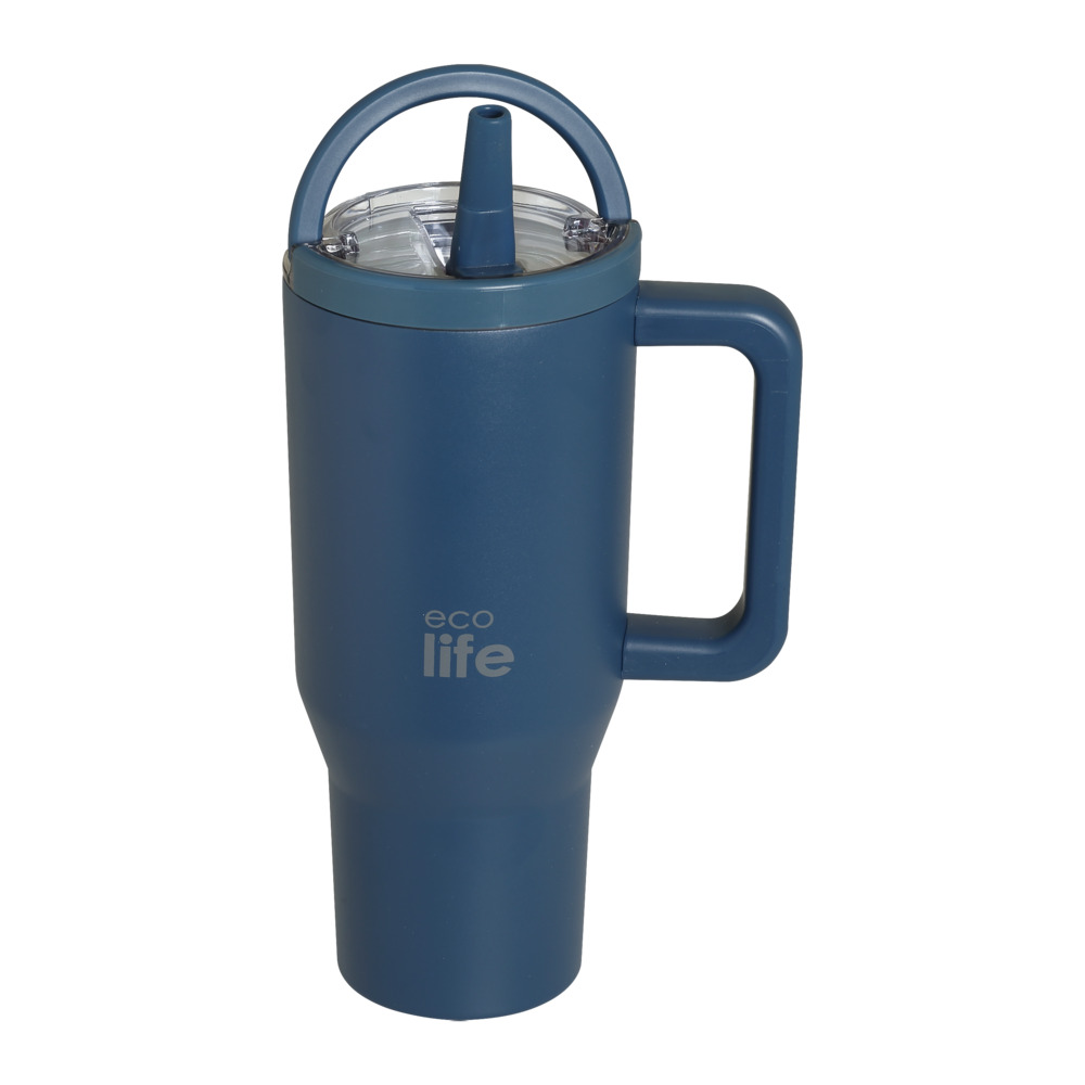 EcoLife Ανοξείδωτο Ποτήρι Θερμός με Καλαμάκι 2Handles Lid Tumbler 900ml Blue Marine