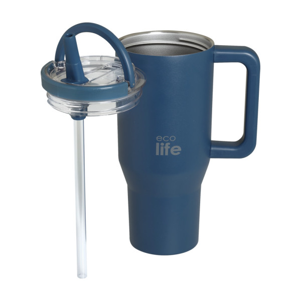 EcoLife Ανοξείδωτο Ποτήρι Θερμός με Καλαμάκι 2Handles Lid Tumbler 900ml Blue Marine