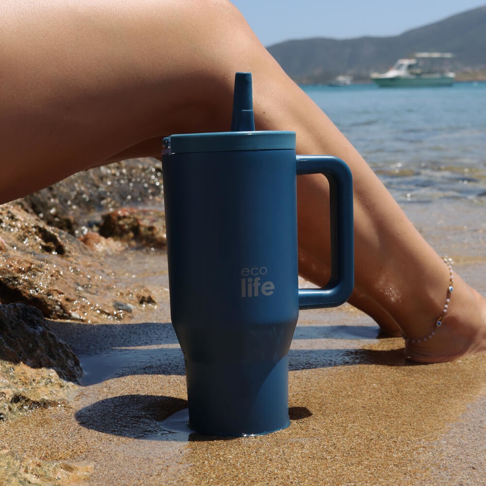 EcoLife Ανοξείδωτο Ποτήρι Θερμός με Καλαμάκι 2Handles Lid Tumbler 900ml Blue Marine