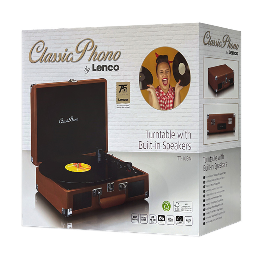 Lenco Classic Phono TT-10BN Πικάπ με ενσωματωμένα ηχεία 3W και βαλίτσα μεταφοράς (Καφέ)