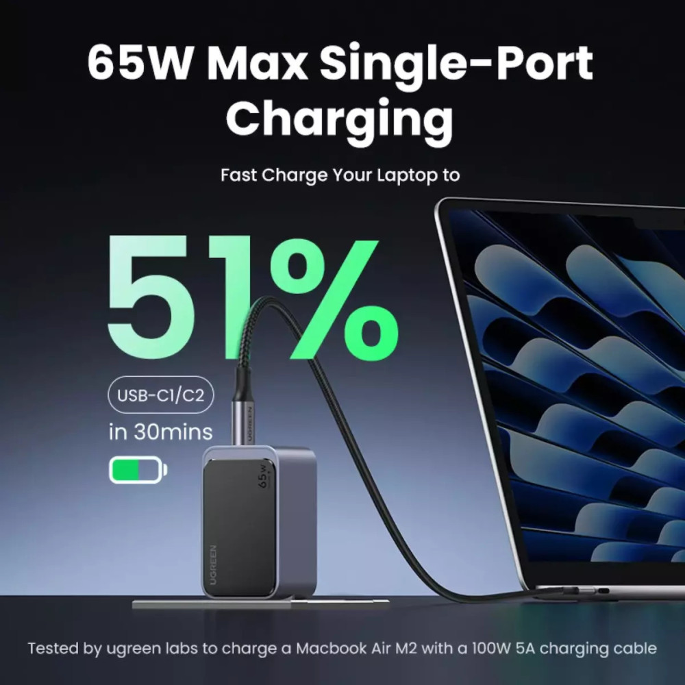 Ugreen X553/35042 φορτιστής 3 Θέσεων GaN PD 65W (Γκρι)
