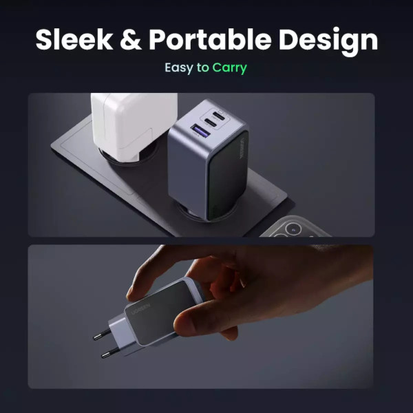 Ugreen X553/35042 φορτιστής 3 Θέσεων GaN PD 65W (Γκρι)