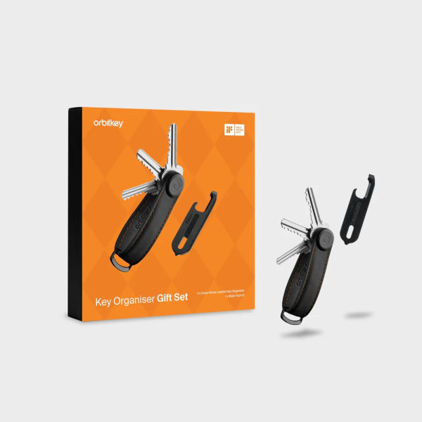 Key Organiser Crazy Horse (Black with Orange Stitching) + Multi-Tool v2 Set (Black) - Gift Set