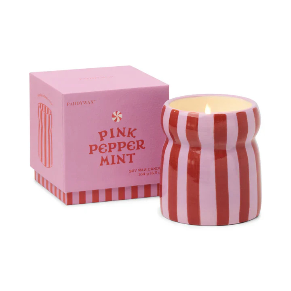 Paddywax Cabana Φυτικό Κερί 184gr σε Ρόζ Ριγέ Κεραμικό Δοχείο - Pink Peppermint