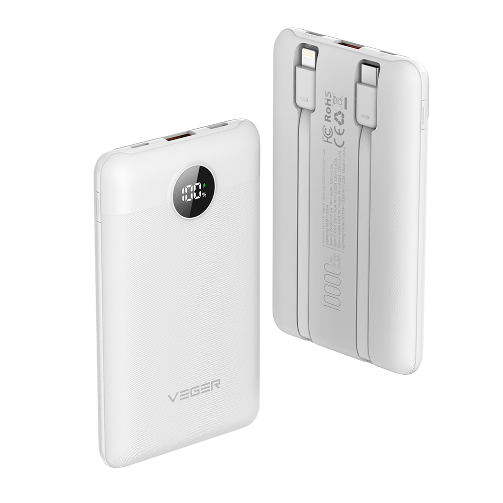 Veger C11 W1170 Digital Display Power Bank 10000mAh PD 3.0 Built In Non-MFI Lightning & USB-C (Λευκό)