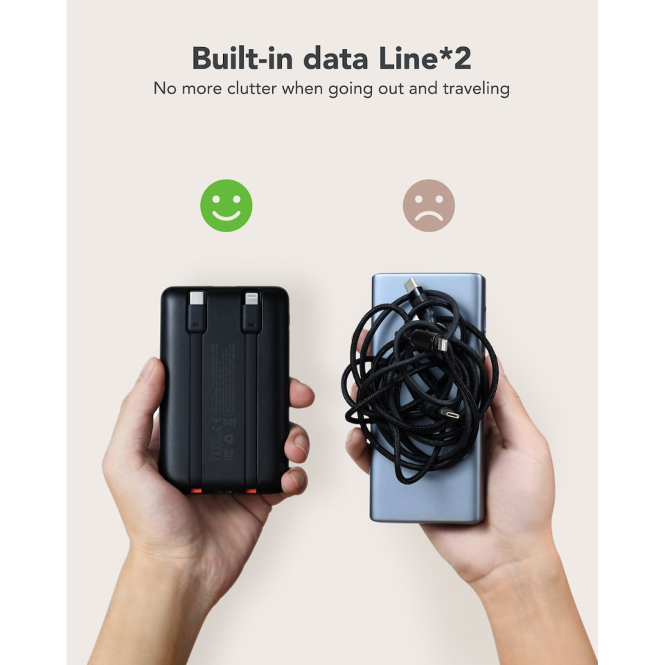 Veger C1 W1170 Digital Display Power Bank 10000mAh PD 3.0 Built In Non-MFI Lightning & USB-C (Μαύρο)