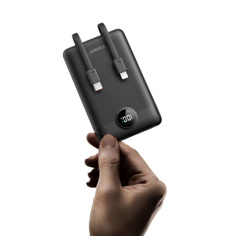 Veger C1 W1170 Digital Display Power Bank 10000mAh PD 3.0 Built In Non-MFI Lightning & USB-C (Μαύρο)