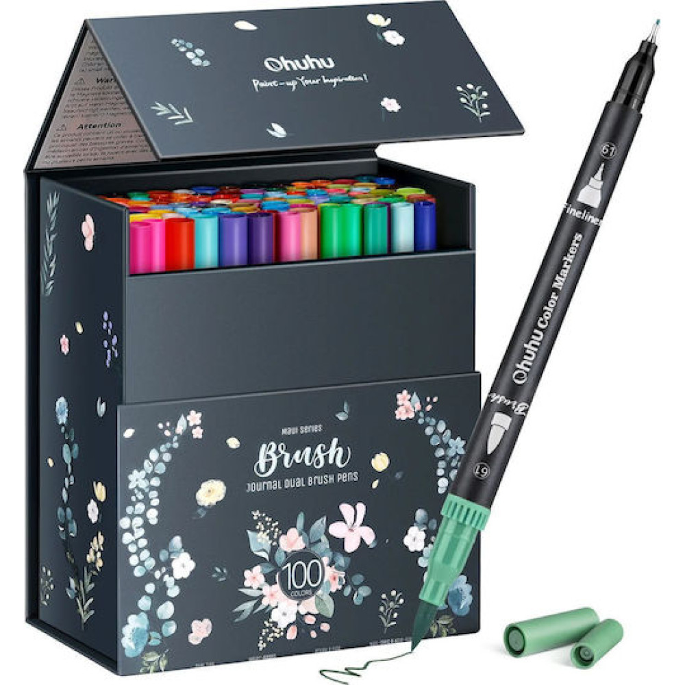 Ohuhu Art Markers Σετ 100 Μαρκαδόρων με Βάση το Νερό Brush & Fineliner