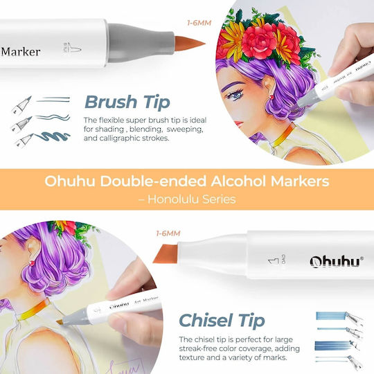Ohuhu Honolulu Σετ 48 Μαρκαδόρων Αλκοόλης με Διπλή Μύτη Mid-tone Brush & Chisel