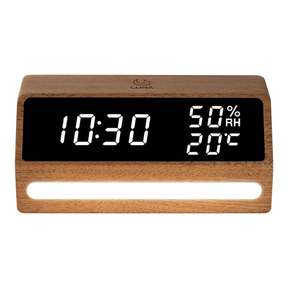 LIFE LUNA Ξύλινο ψηφιακό θερμόμετρο / υγρόμετρο εσωτερικού χώρου με ρολόι, ξυπνητήρι και φωτάκι νυκτός