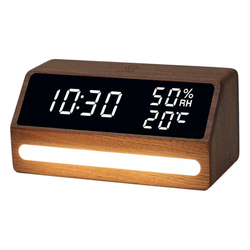 LIFE LUNA Ξύλινο ψηφιακό θερμόμετρο / υγρόμετρο εσωτερικού χώρου με ρολόι, ξυπνητήρι και φωτάκι νυκτός