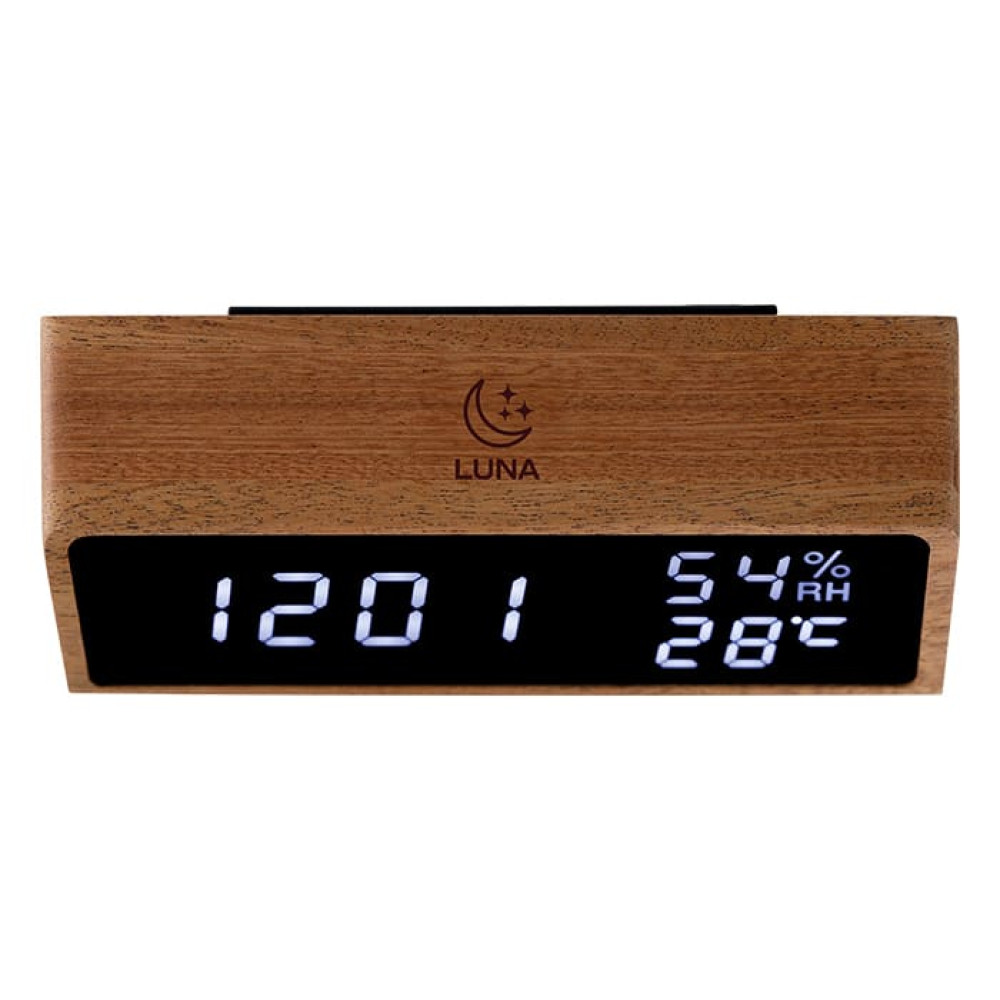 LIFE LUNA Ξύλινο ψηφιακό θερμόμετρο / υγρόμετρο εσωτερικού χώρου με ρολόι, ξυπνητήρι και φωτάκι νυκτός