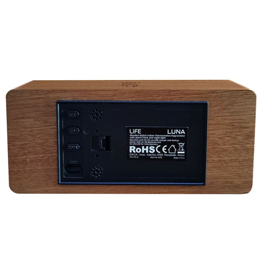 LIFE LUNA Ξύλινο ψηφιακό θερμόμετρο / υγρόμετρο εσωτερικού χώρου με ρολόι, ξυπνητήρι και φωτάκι νυκτός