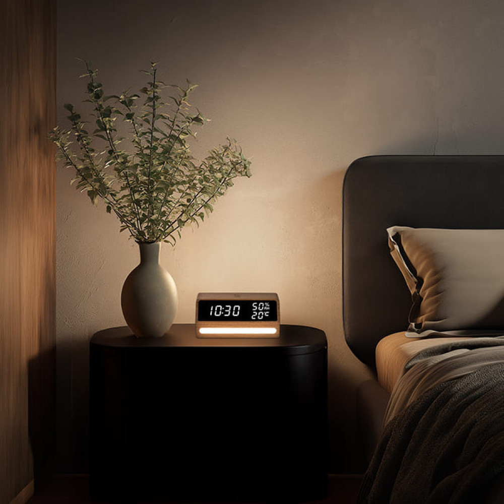 LIFE LUNA Ξύλινο ψηφιακό θερμόμετρο / υγρόμετρο εσωτερικού χώρου με ρολόι, ξυπνητήρι και φωτάκι νυκτός