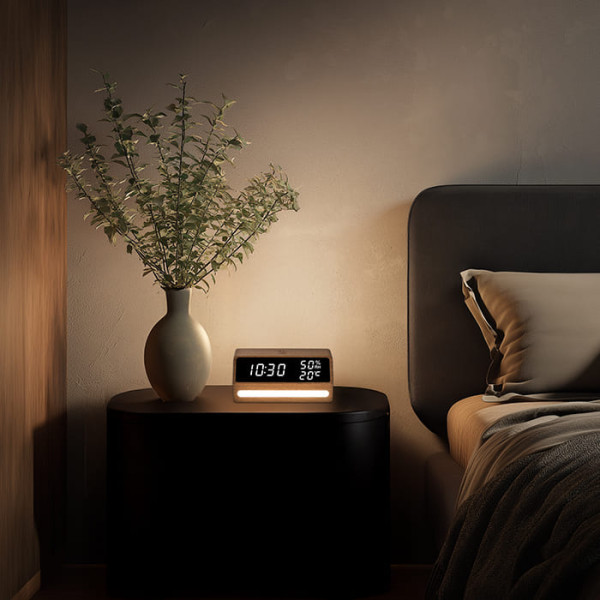 LIFE LUNA Ξύλινο ψηφιακό θερμόμετρο / υγρόμετρο εσωτερικού χώρου με ρολόι, ξυπνητήρι και φωτάκι νυκτός