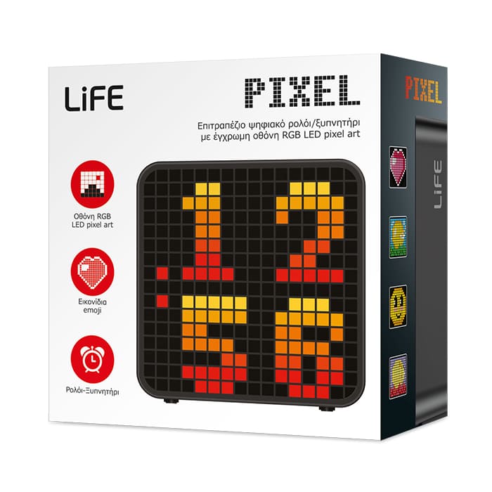 LIFE PIXEL Επιτραπέζιο ψηφιακό ρολόι/ξυπνητήρι με έγχρωμη οθόνη RGB LED pixel art