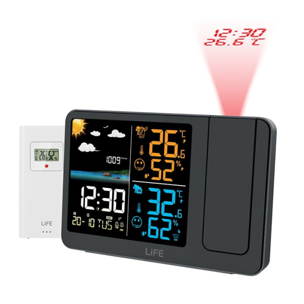 LIFE PROJECT Μετεωρολογικός σταθμός με ρολόι/ξυπνητήρι, με projector ώρας και θερμοκρασίας στο ταβάνι και ασύρματο εξωτερικό αισθητήρα