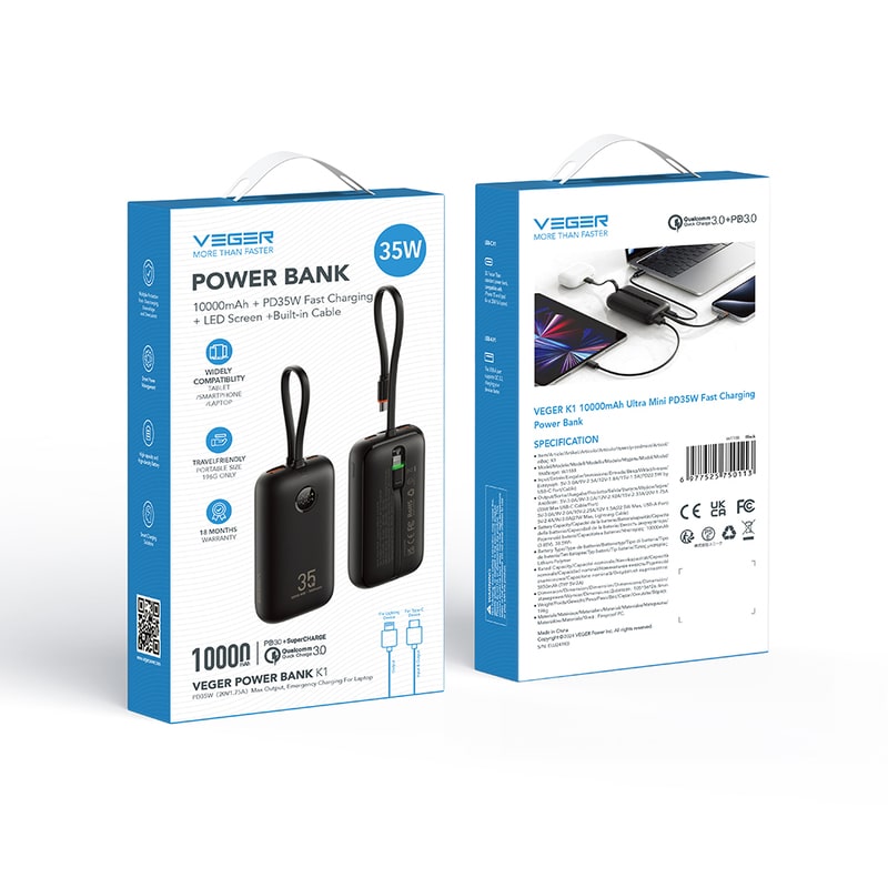 Veger K1 W1188 Digital Display Power Bank 10000mAh PD 3.0 Built In Non-MFI Lightning & USB-C (Μαύρο)
