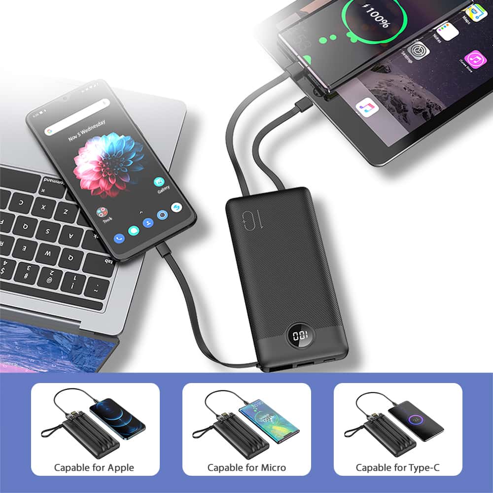 Veger C10 W1116 Digital Display Power Bank 10000mAh Built In 4 Cables, Keychain Style (Μαύρο)