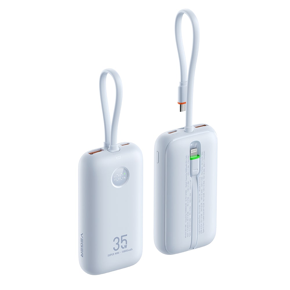 Veger K1 W1188 Digital Display Power Bank 10000mAh PD 3.0 Built In Non-MFI Lightning & USB-C (Γαλάζιο)