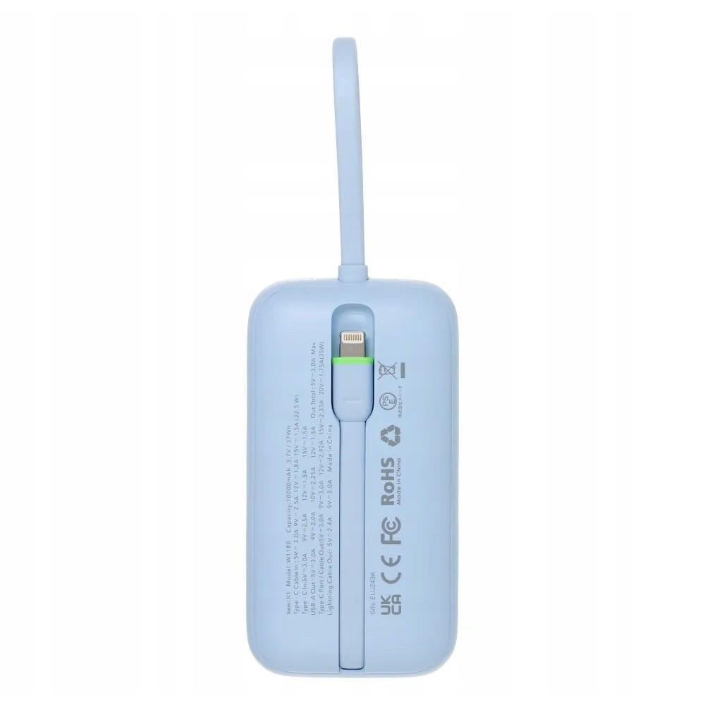 Veger K1 W1188 Digital Display Power Bank 10000mAh PD 3.0 Built In Non-MFI Lightning & USB-C (Γαλάζιο)