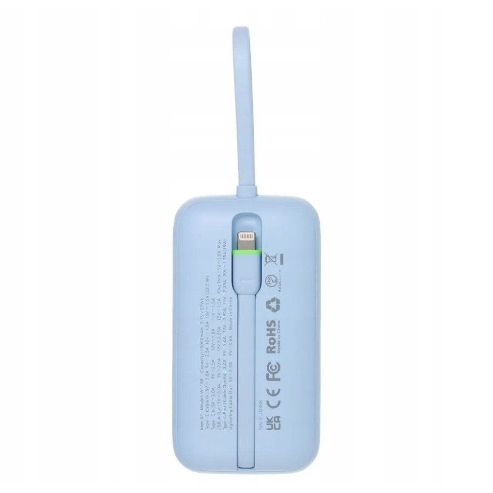 Veger K1 W1188 Digital Display Power Bank 10000mAh PD 3.0 Built In Non-MFI Lightning & USB-C (Γαλάζιο)