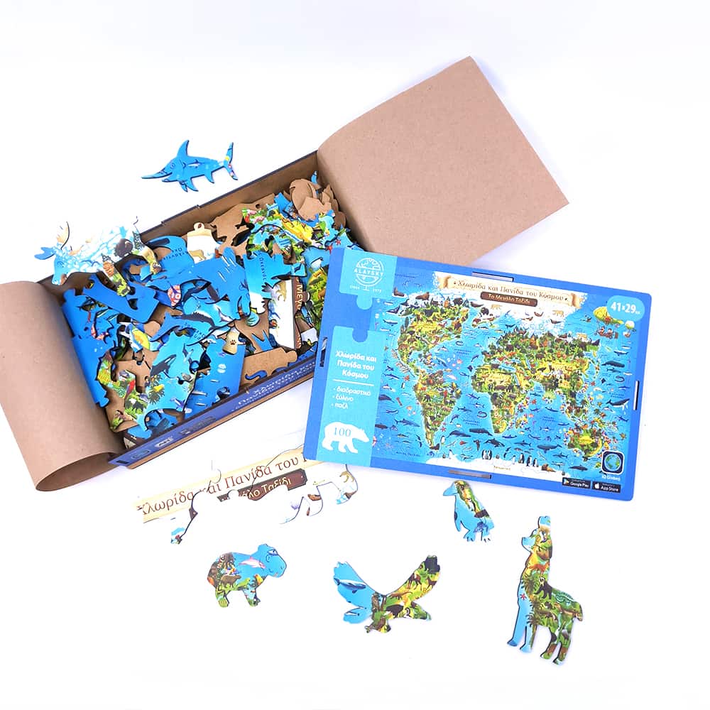 Ξύλινο Παζλ Παγκόσμιος Χάρτης AR "Χλωρίδα και Πανίδα του Κόσμου" 100τμχ