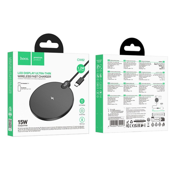 Hoco CW62 Wireless φορτιστής με καλώδιο USB-C και οθόνη, 15W (Μαύρο)