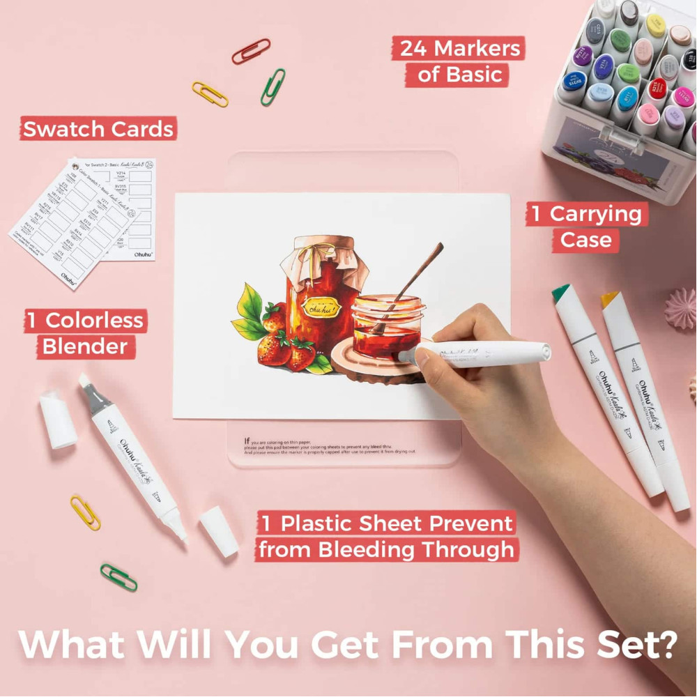 Ohuhu Kaala Σετ 24 Μαρκαδόρων Αλκοόλης Slim Broad and Fine Dual Tips - Basic Colors