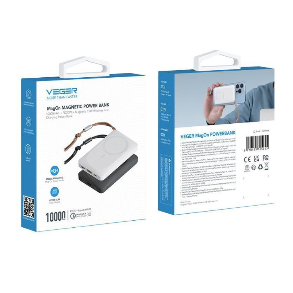 Veger W1151 MagOn Magnetic Wireless MagSafe Power Bank 10000mAh PD 3.0 (Γκρι)