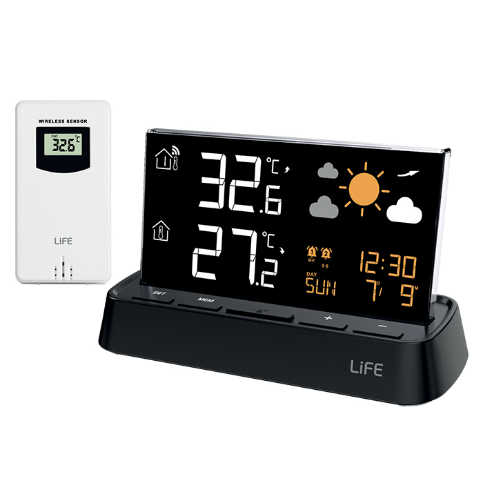 Life AMALFI Μετεωρολογικός σταθμός με frameless οθόνη, ρολόι/ξυπνητήρι και ασύρματο εξωτερικό αισθητήρα