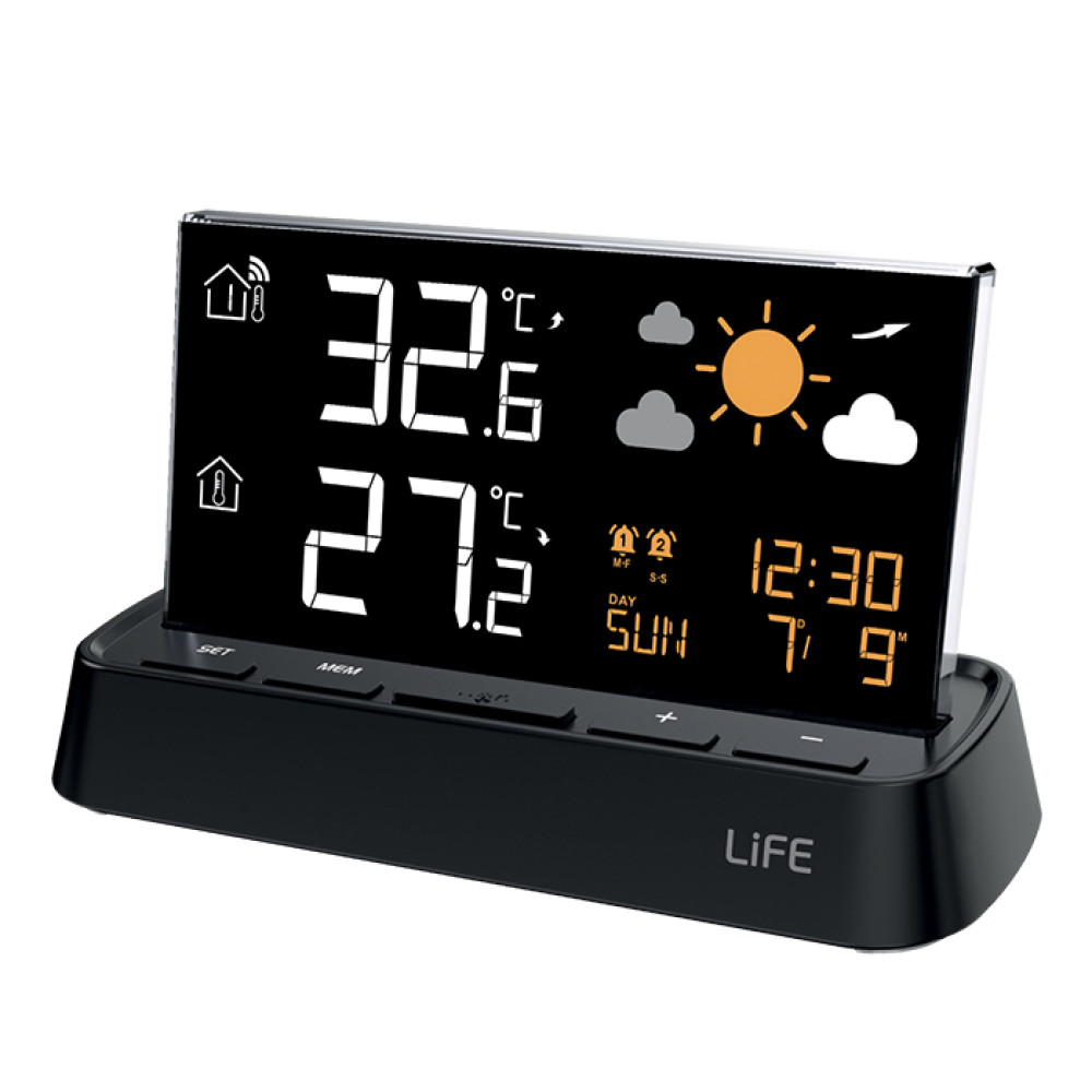 Life AMALFI Μετεωρολογικός σταθμός με frameless οθόνη, ρολόι/ξυπνητήρι και ασύρματο εξωτερικό αισθητήρα