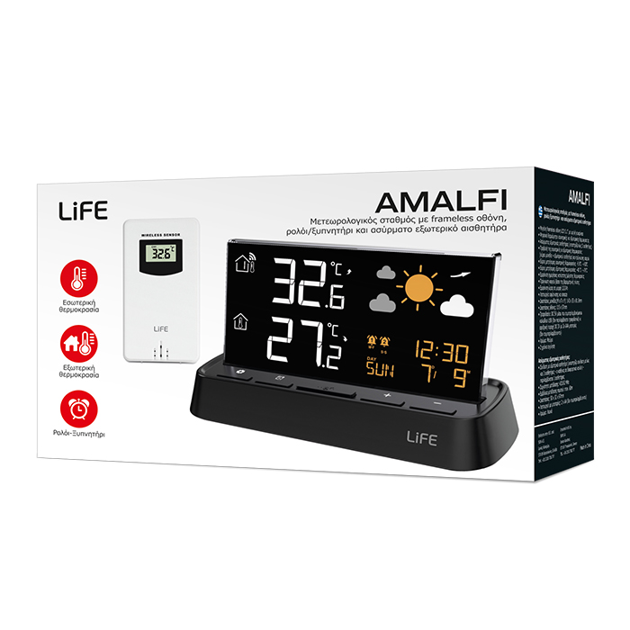 Life AMALFI Μετεωρολογικός σταθμός με frameless οθόνη, ρολόι/ξυπνητήρι και ασύρματο εξωτερικό αισθητήρα