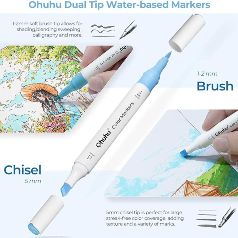 Ohuhu Dual Σετ 64 Μαρκαδόρων με Βάση το Νερό Brush & Chisel