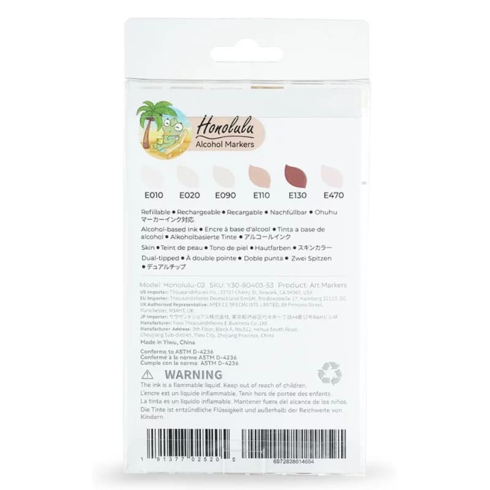 Ohuhu Honolulu Σετ 6 Μαρκαδόρων Αλκοόλης Brush & Chisel - Skin Tones