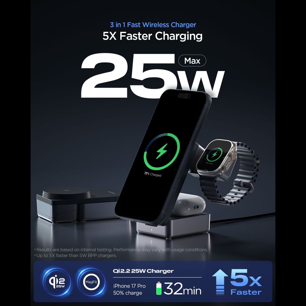 Spigen EF323MQ 3IN1 Foldable Wireless Qi2.2 25W Charger Stand (Mag Fit)