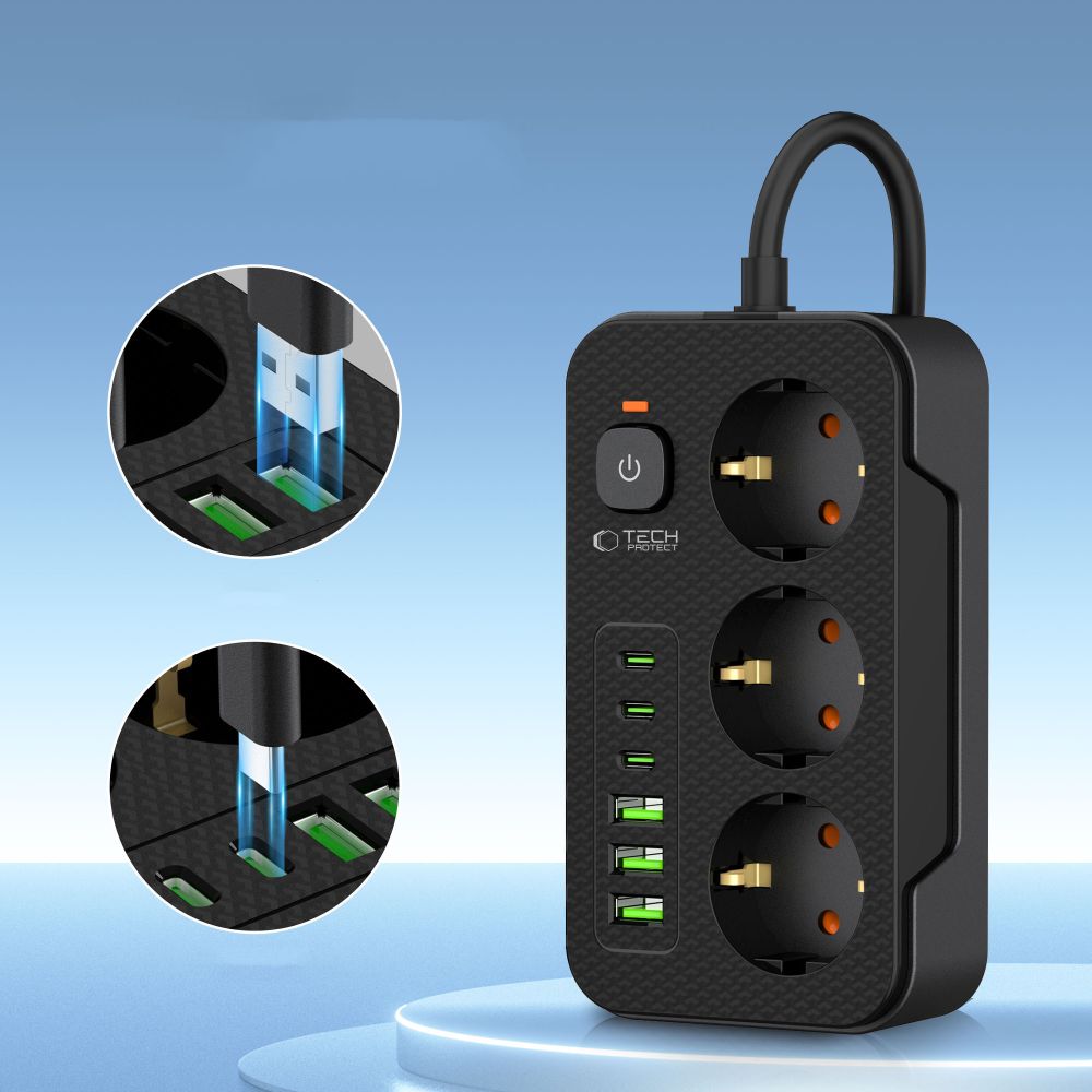 Tech-Protect PC3X6 Πολύπριζο 3 Θέσεων, 3 USB & 3 TYPE-C 2m (Μαύρο)