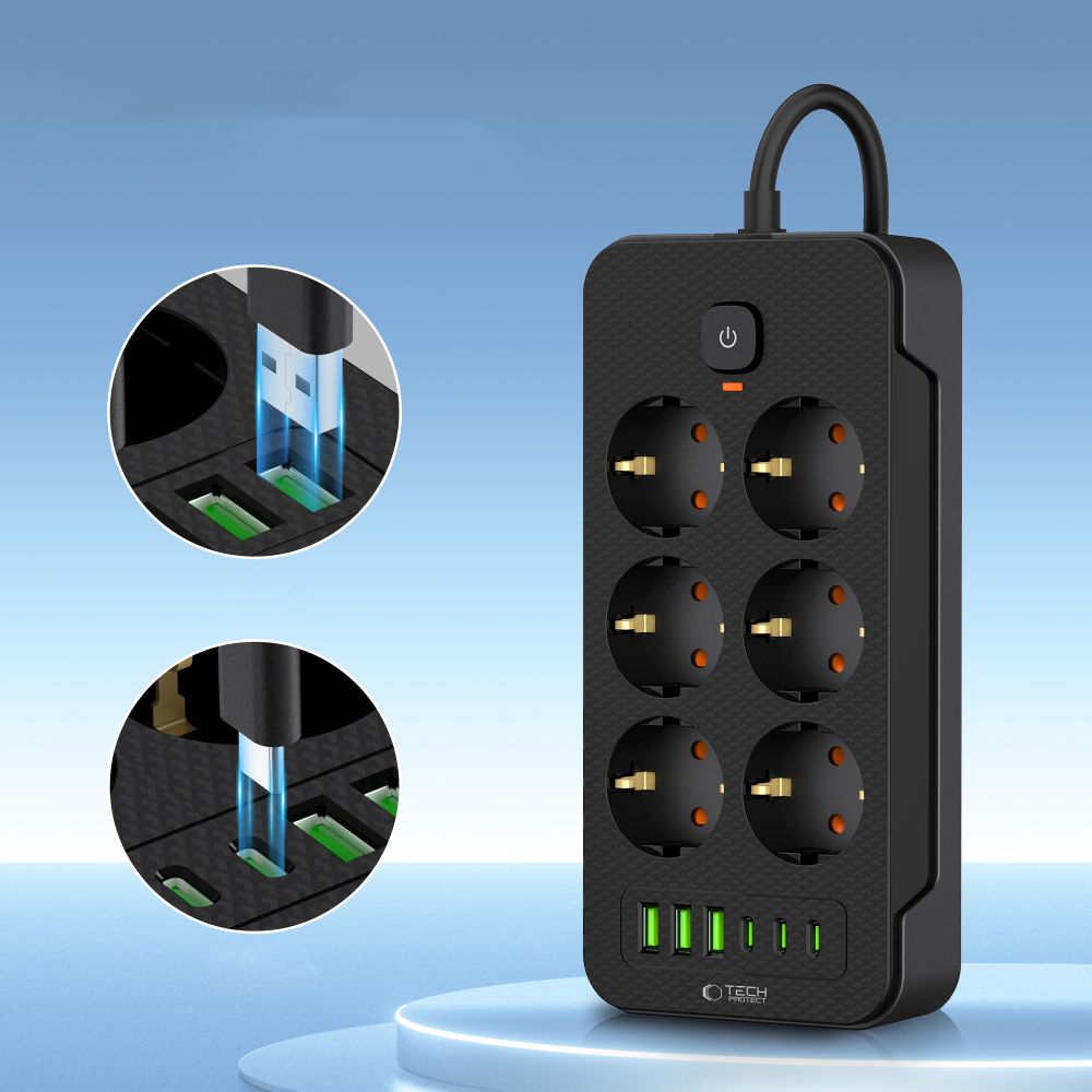 Tech-Protect PC6X6 Πολύπριζο 6 Θέσεων, 3 USB & 3 TYPE-C 2m (Μαύρο)