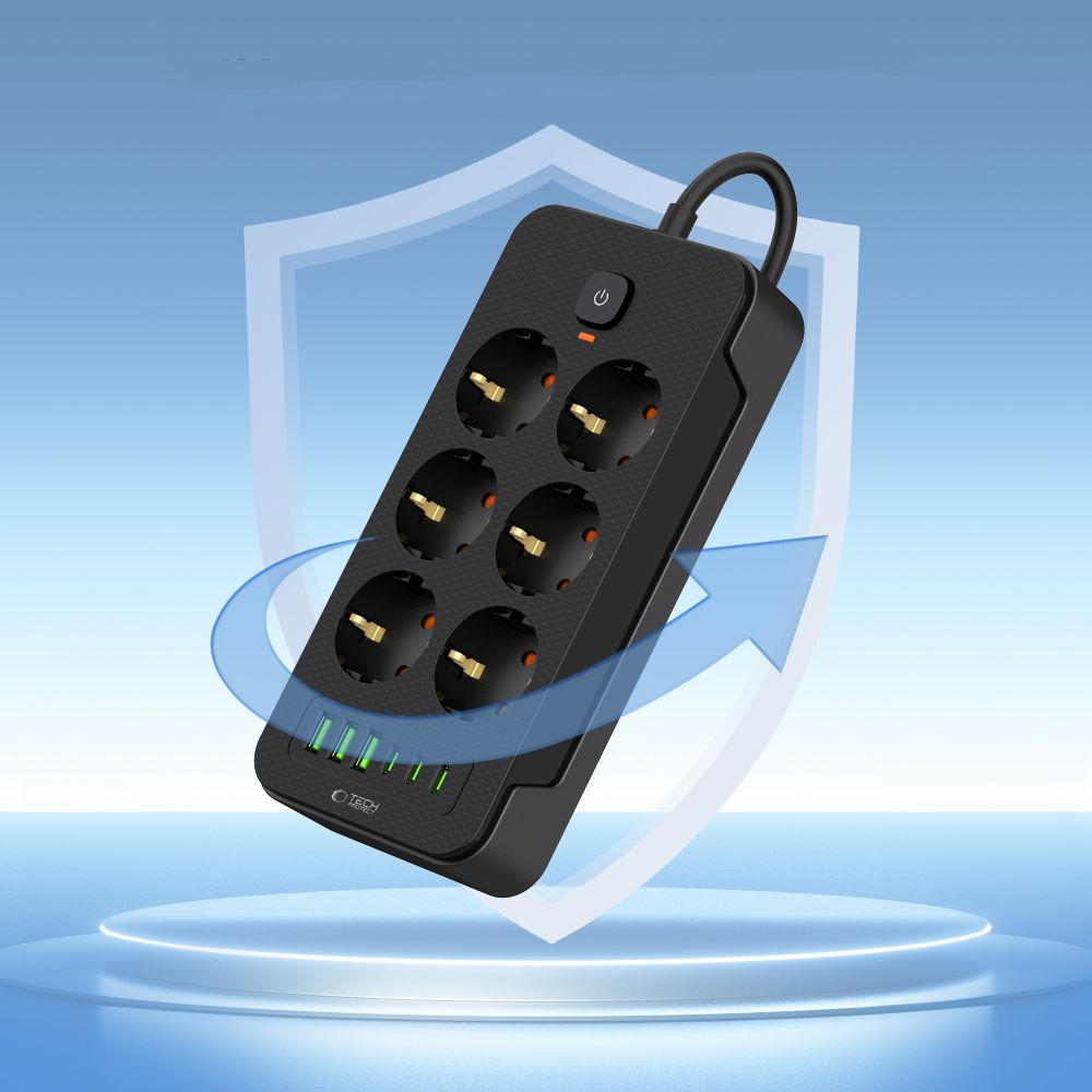 Tech-Protect PC6X6 Πολύπριζο 6 Θέσεων, 3 USB & 3 TYPE-C 2m (Μαύρο)