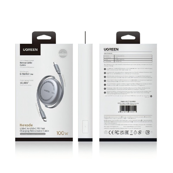 Ugreen L531/65905 Καλώδιο USB-C σε USB-C PD 100W Επαναφερόμενο 1m (Μαύρο)